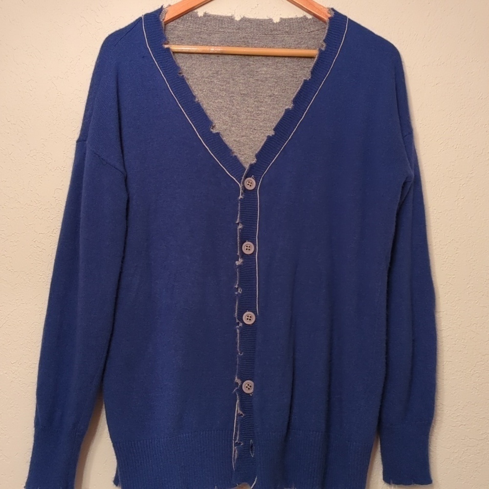 Fate Reversible Wool Blend Academia Career Oversized Bluecardigan w pockets Sz M